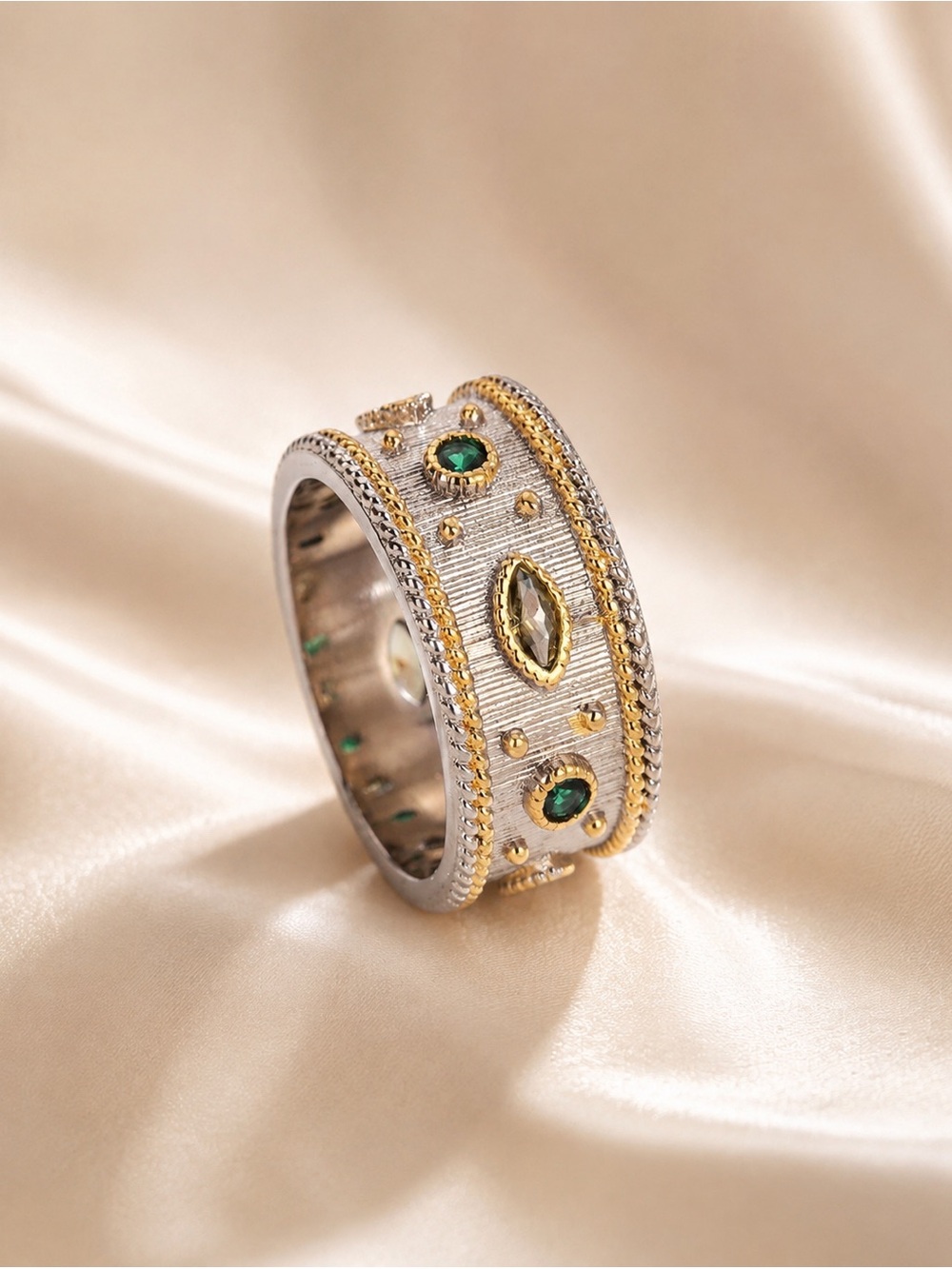 Gold and Silver Statement Band Ring with Green Gem Accents - Picture 4 of 4